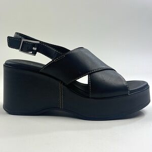 Clarks Manon Wish Black Leather Womens Wedge Sandals Buckle Comfort 26176299